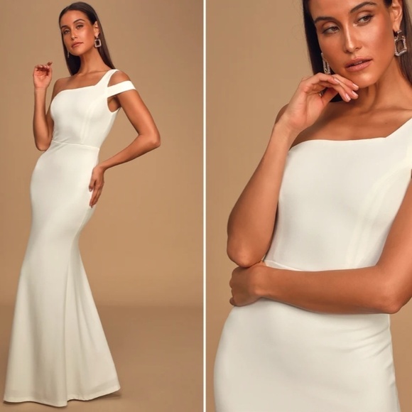 LULU's Bridal Wedding Chic Modern Sexy One Shoulder Mermaid Trumpet Maxi Gown - Picture 3 of 3